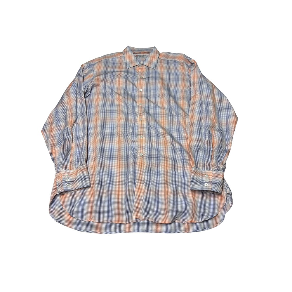 Turnbull & Asser Mens 17.5 44cm Orange Blue Plaid Cotton Dress Shirt England